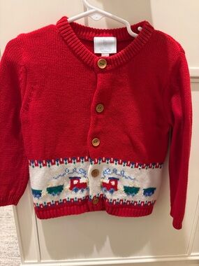Little English Red Knit Cardigan Sweater with Train Motif